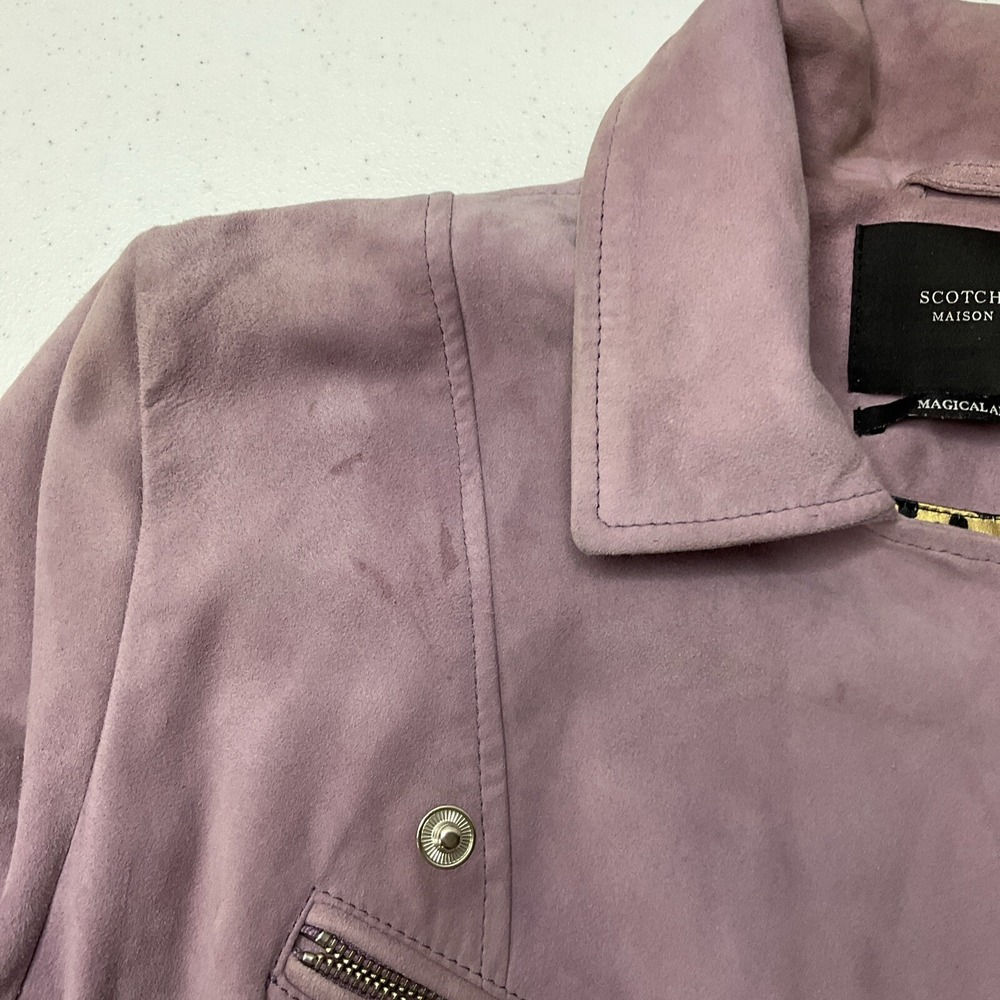 Scotch & Soda Maison Scotch Biker Jacket Goat‎ Leather Suede Lilac Women Sz L - Picture 7 of 12
